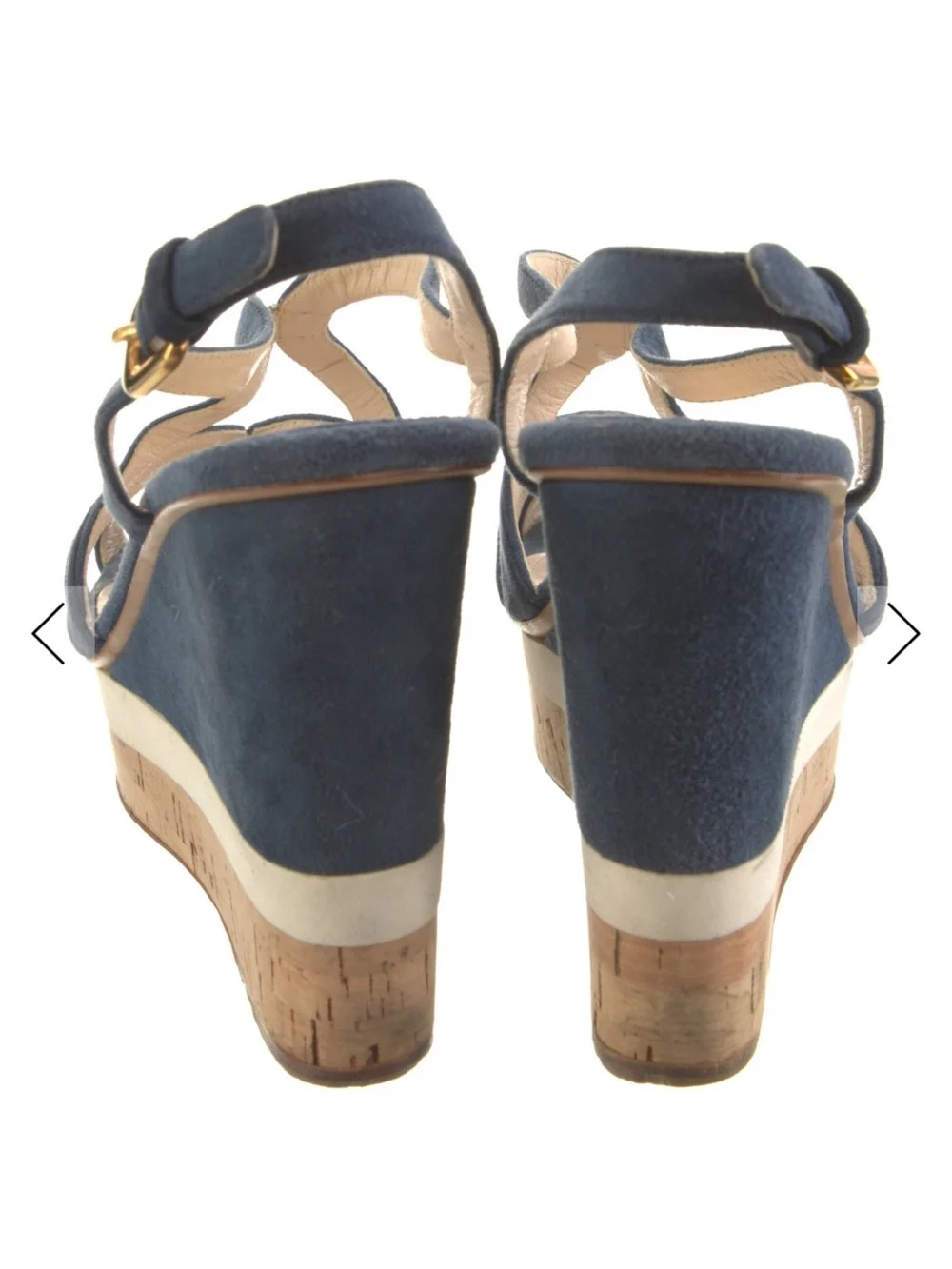 Prada so 9 Women's Navy Suede Wedge Sandals with Cork Platform